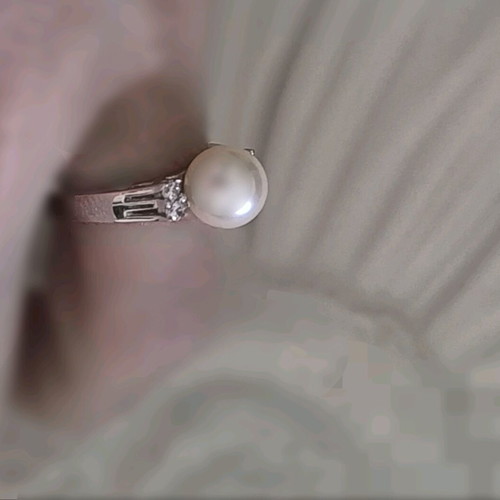 14K White Gold Ring with Real Pearl and Zircon New
