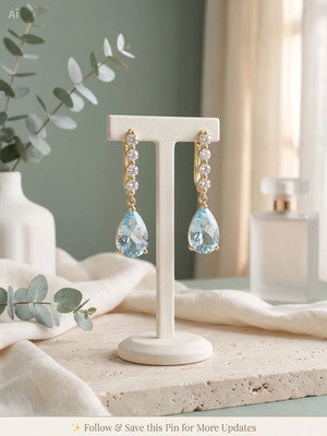 Blue Crystal Drop Earrings 18K Gold Plated, New