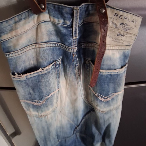 Replay shoulder bag used, blue denim with leather handles