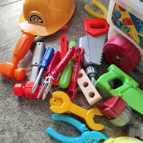 Building blocks and various tools in sliding trolley like new