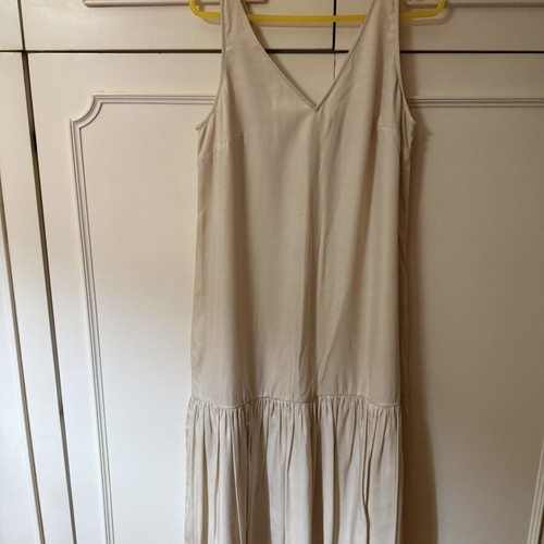 H&M long dress beige satin with V neckline and drop waist, like new