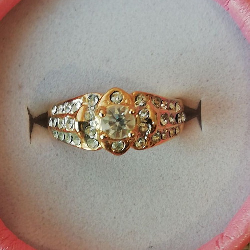 Gold-plated steel ring with clear zirconia new