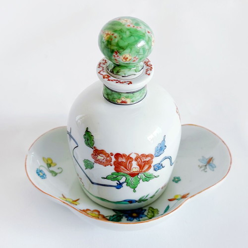 Antique Chantilly porcelain perfume bottle and dish used, Kakiemon style
