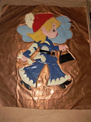 Handmade copper relief art girl used, set of 2, 1970s