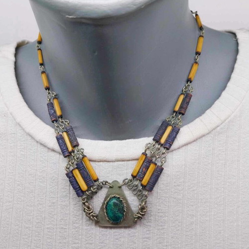 Vintage necklace with green malachite used, unique old pendant