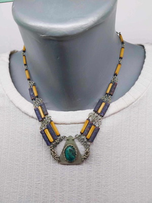 Vintage necklace with green malachite used, unique old pendant