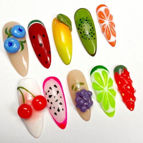 Fruit Salad Press-On Nails Handmade 3D Summer Set