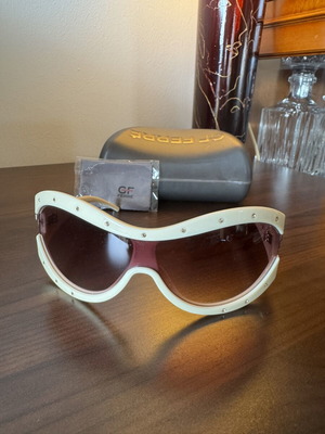 GF Ferré GF80204 oversized shield sunglasses, white crystal studded frame
