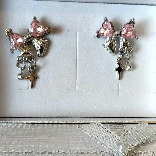 Minimal stud earrings bows with pink crystals and strass new