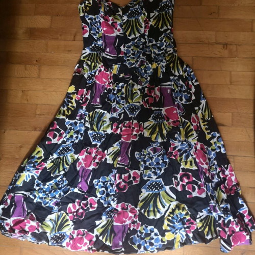 Vintage strapless midi dress with colorful pop art floral print like new, size M