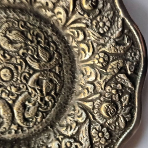 Silver-plated ashtray used, cast brass with decorative peacocks