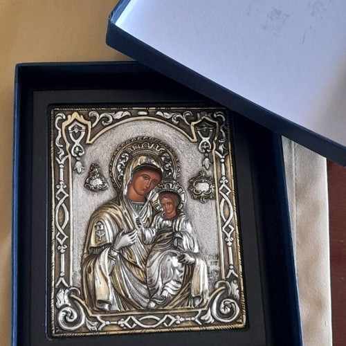Icon Virgin Mary with Baby Jesus new, silver 950 and 24 carat gold, 16x19 cm