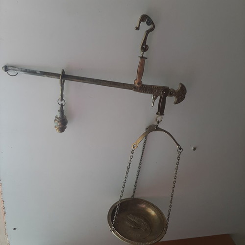 Vintage brass hanging steelyard balance with Parthenon design