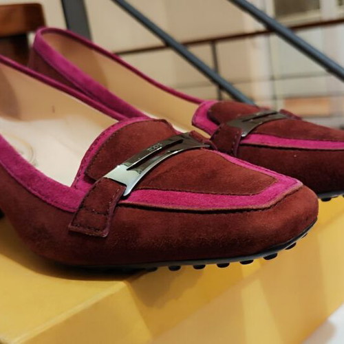 Tod's suede kitten heel loafers, brown and fuchsia, size 39
