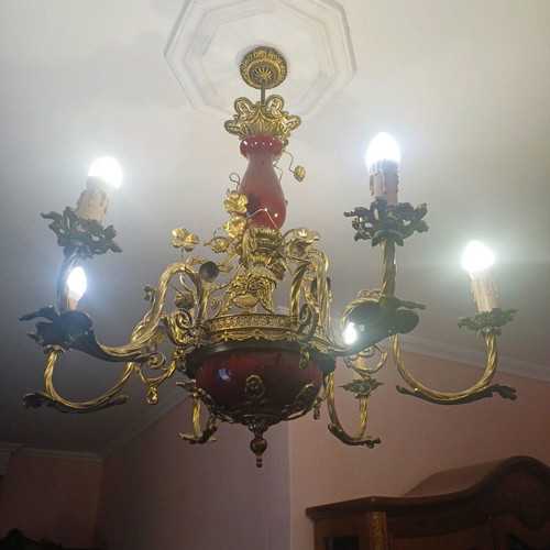 Antique chandeliers set of 2 with bronze frame and deep red details new