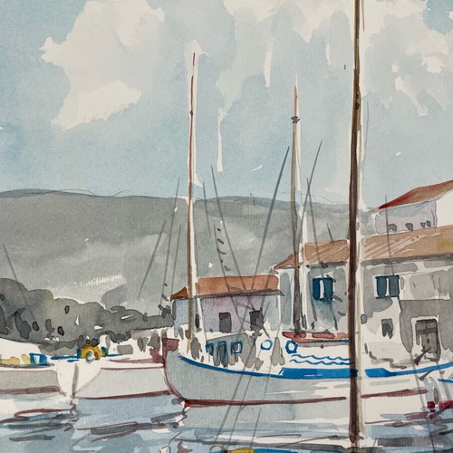 Watercolor by Giorgos Papadoperakis featuring Fishing Boats in passepartout