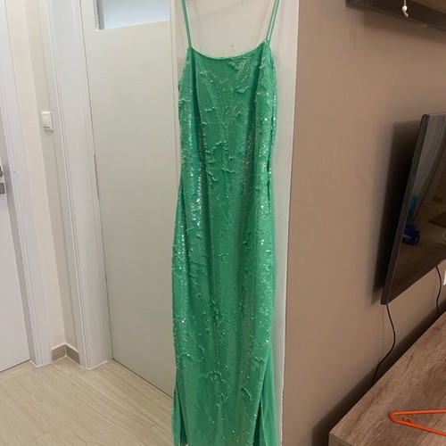 Stefania Vaidani green dress with sequins and side slits, new, size S