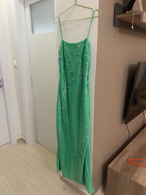 Stefania Vaidani green dress with sequins and side slits, new, size S