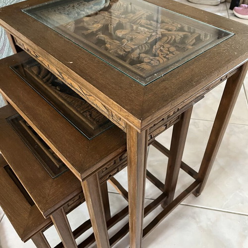 Chinese carved wooden coffee table set with six stools and four nesting tables like new