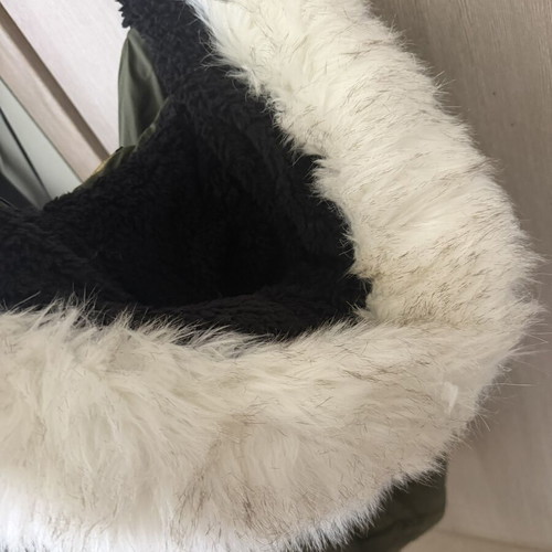 Waterproof jacket like new with white fur hood, knee-length, size M