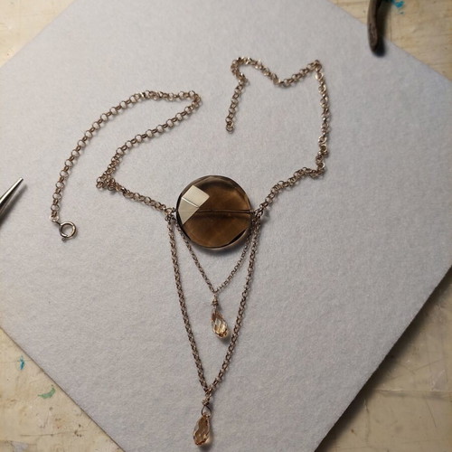 Handmade Necklace with 925 Silver Chains and Smoky Quartz Swarovski Drops