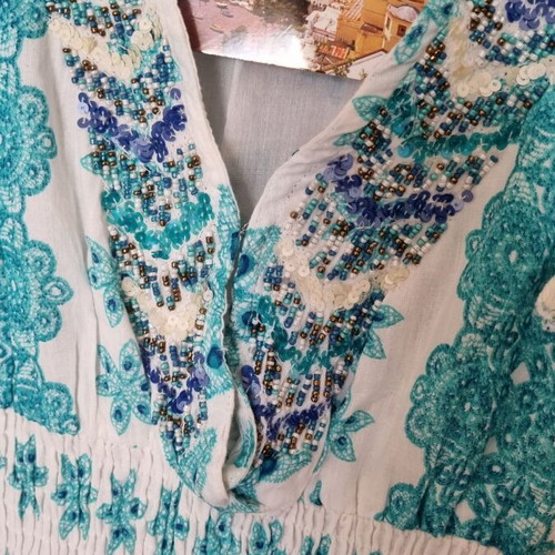 Long turquoise white dress new, 100% cotton with lace Positano