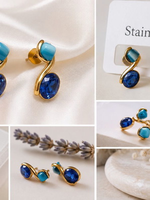 Earrings new stainless steel gold tone with blue stones