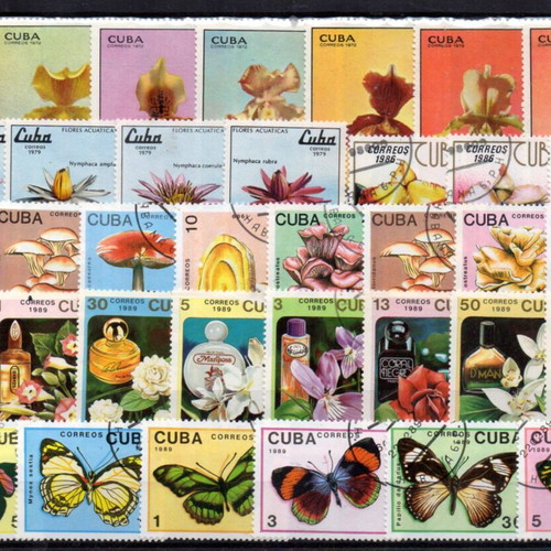 Cuba stamps used, thematic series Butterflies-Flowers