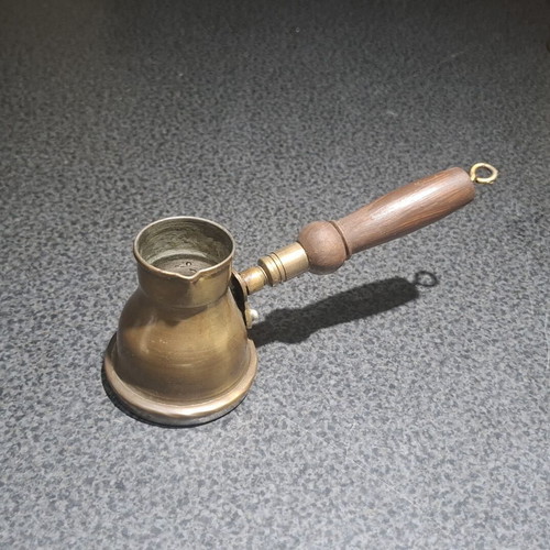 Brass cezve with wooden handle used, vintage Greek coffee pot