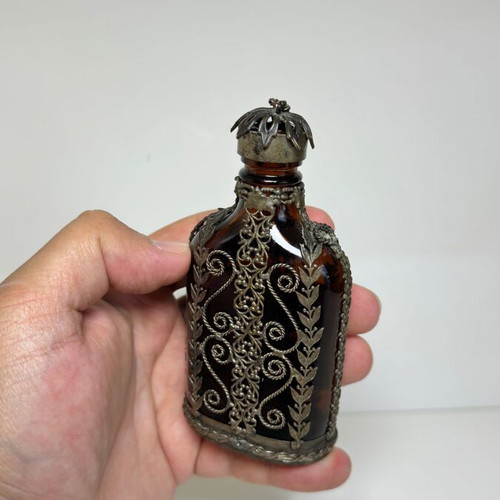 Vintage amber glass flask with filigree metalwork, 1930-1950