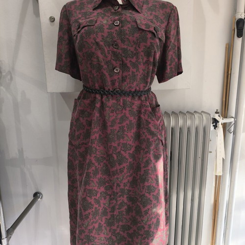 Hand made silk dress size L, like new, burgundy with duck pattern
