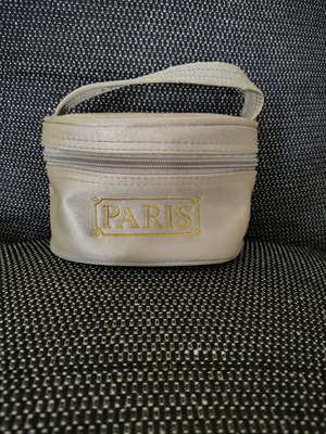 Paris toiletry bag used, gray satin with zipper