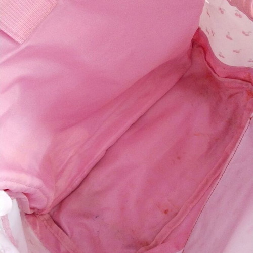 School bag used, pink with cherry and polka dot pattern