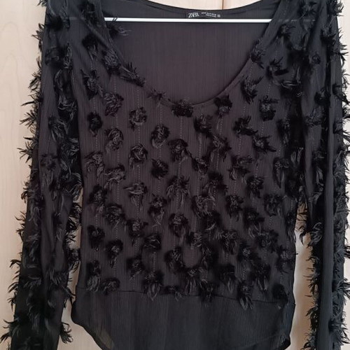 ZARA Black Long-Sleeve Bodysuit Like New With Sheer And Feathers