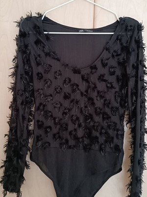 ZARA Black Long-Sleeve Bodysuit Like New With Sheer And Feathers