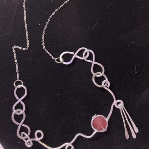 Necklace with strawberry quartz, non-tarnish metal, stainless steel chain