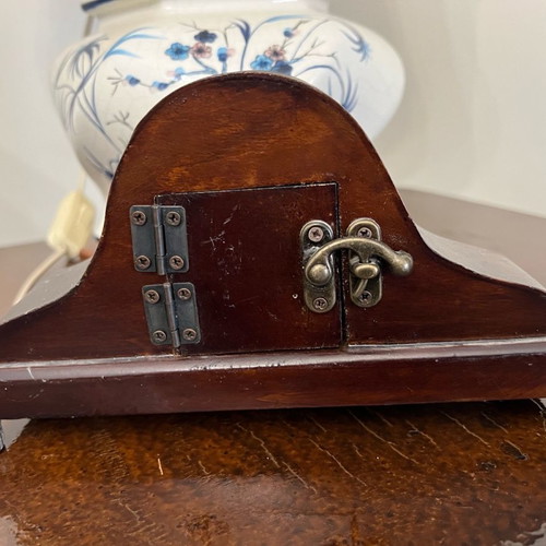 Table clock used, wooden with metal decorative elements