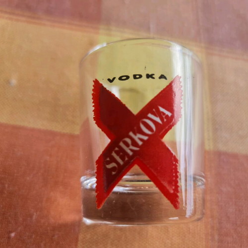 Serkova Vodka collectible shot glass used, 90s-2000s