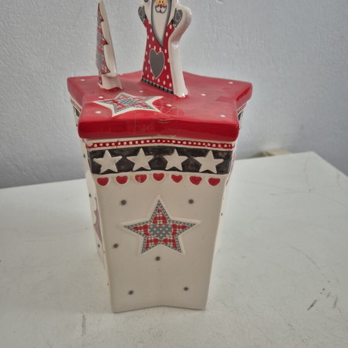 Christmas ceramic container with lid decorated with Santa Claus and trees