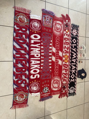 Olympiakos collection with 6 scarves, 2 mugs, cap and figure new
