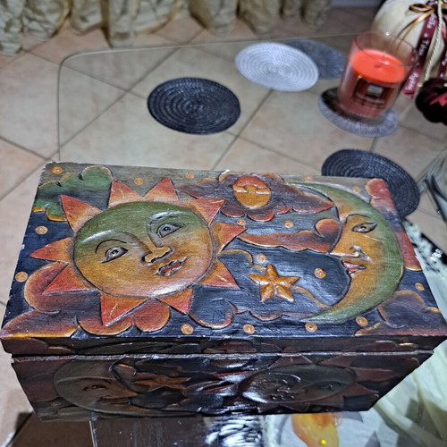 Wooden carved box like new with sun and moon design