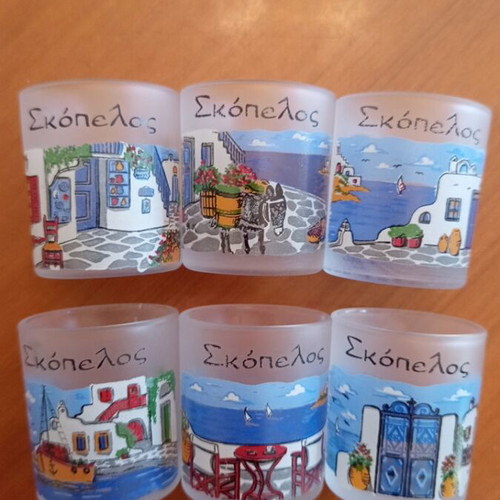 Glass carafe and 6 shot glasses set "Skopelos" souvenir