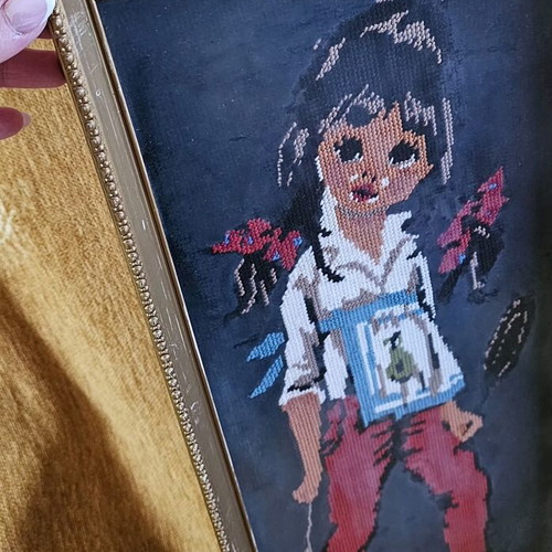 Embroidered retro style textile painting used, female figure 1970s