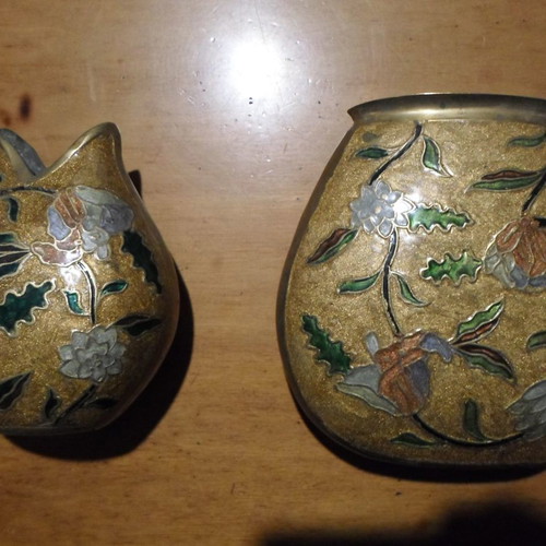 Antique vases authentic handmade enameled brass used, set of 2