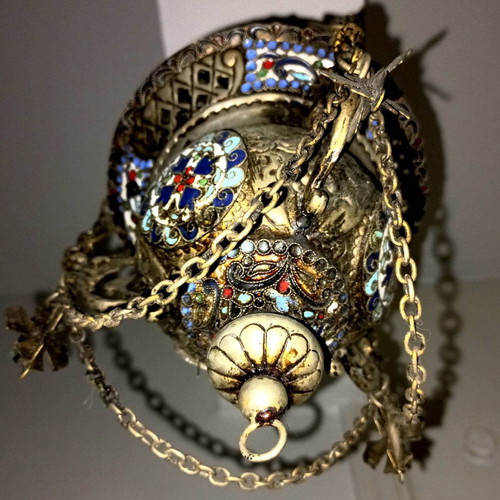 Silver-plated lamp used with cloisonné details, 50 years old