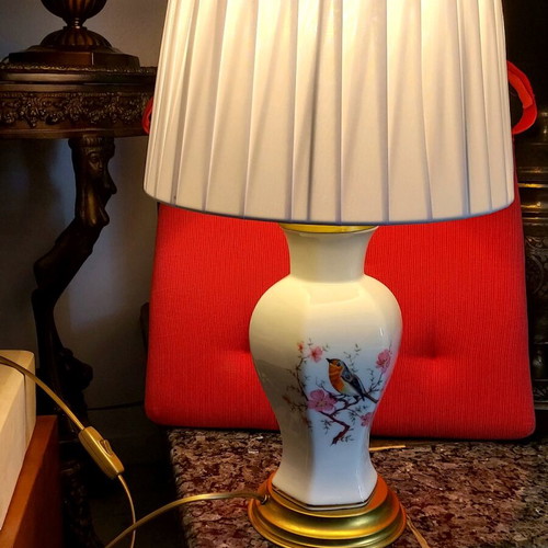 Opaline table lamp antique like new with hand painting and bronze base