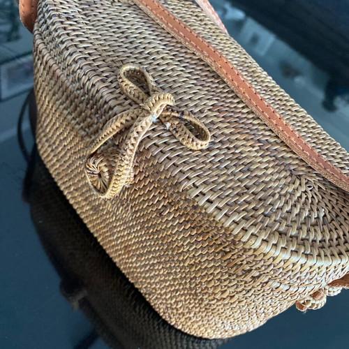 Mango rattan crossbody bag like new, beige with leather strap