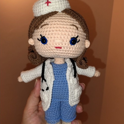 Crochet doctor doll handmade with stethoscope and medical apron