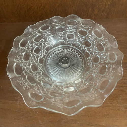 English pressed glass fondue dish with silver plate base