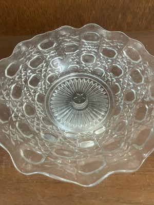 English pressed glass fondue dish with silver plate base
